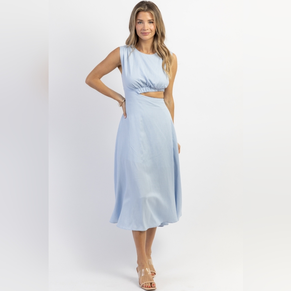 Sky Blue Cutout Linen Midi Dress
